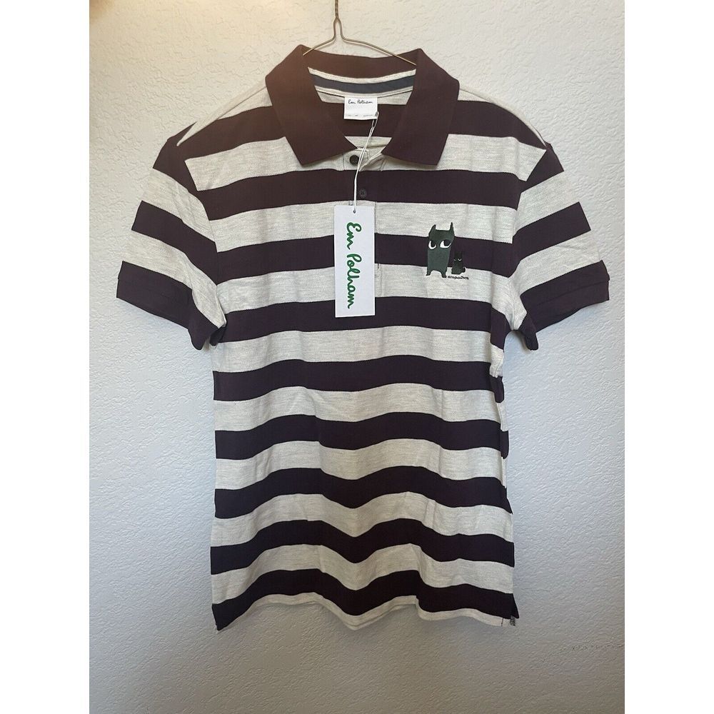Em Polham Polo Style Collard Striped Shirt Size Medium Women's Maroon Cream